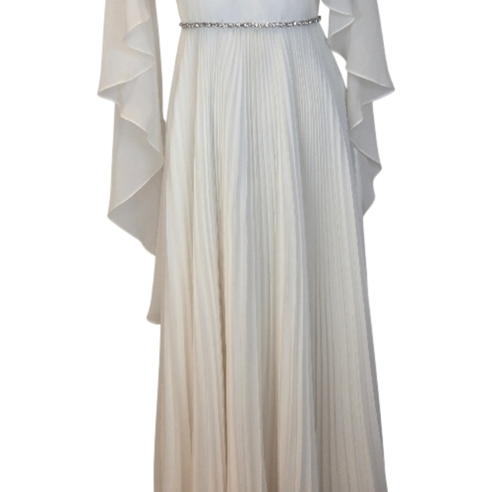 Jenny Packham Bloom Cape Ivory Chiffon Gown Rhinestone Embellished Pleated Dress - Picture 10 of 17
